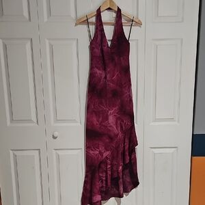 Kiki USA Burgundy Halter Asymmetric Ruffle Hem Dress – Size S